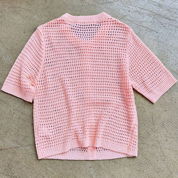 Pink Casual Women's Round Neck Short Sleeved Hollow Knitted Cardigan - Picture 8 of 9